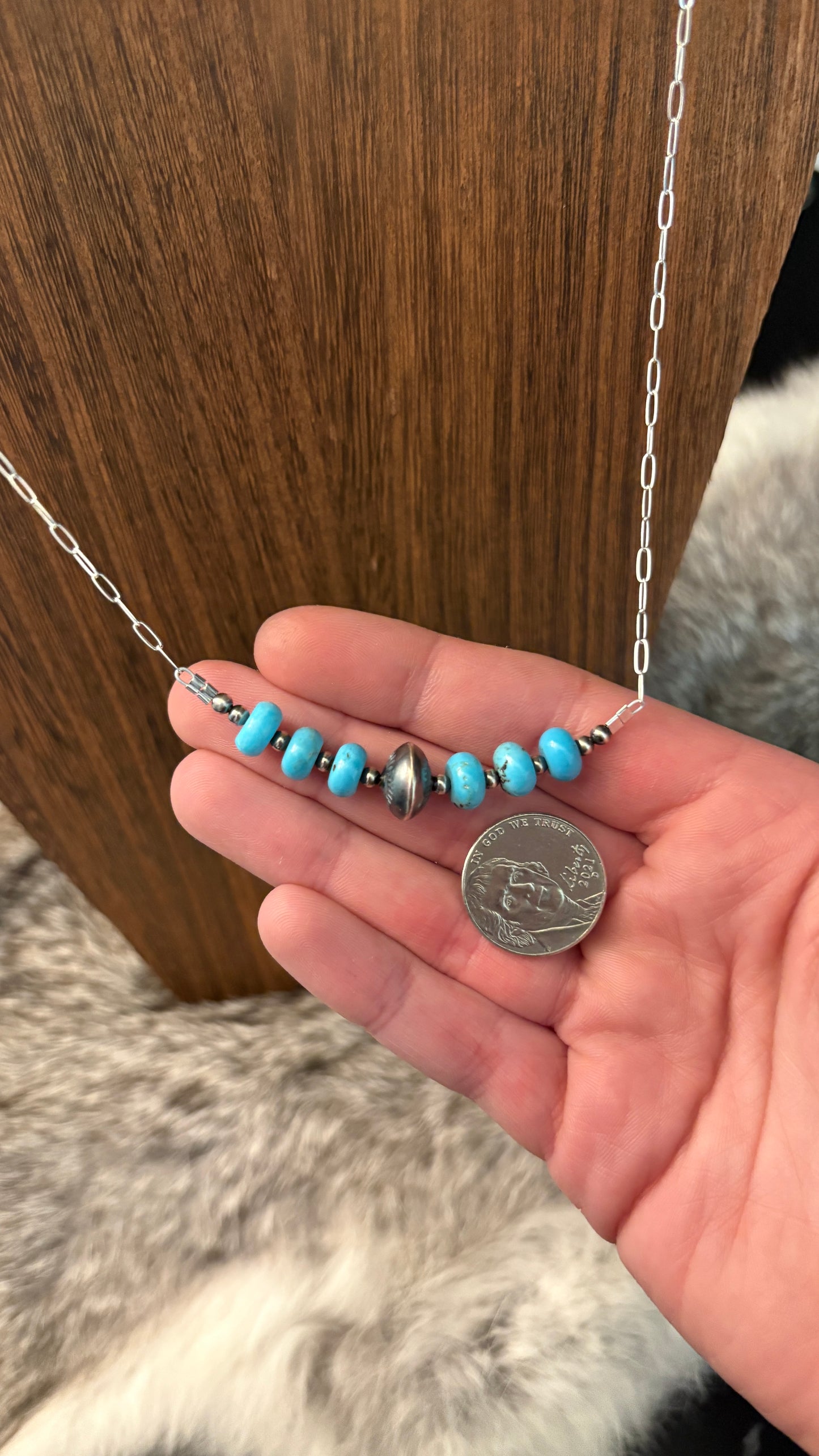 ROYAL BEAUTY TURQUOISE STAMPED SAUCER BEAD CHAIN NECKLACE