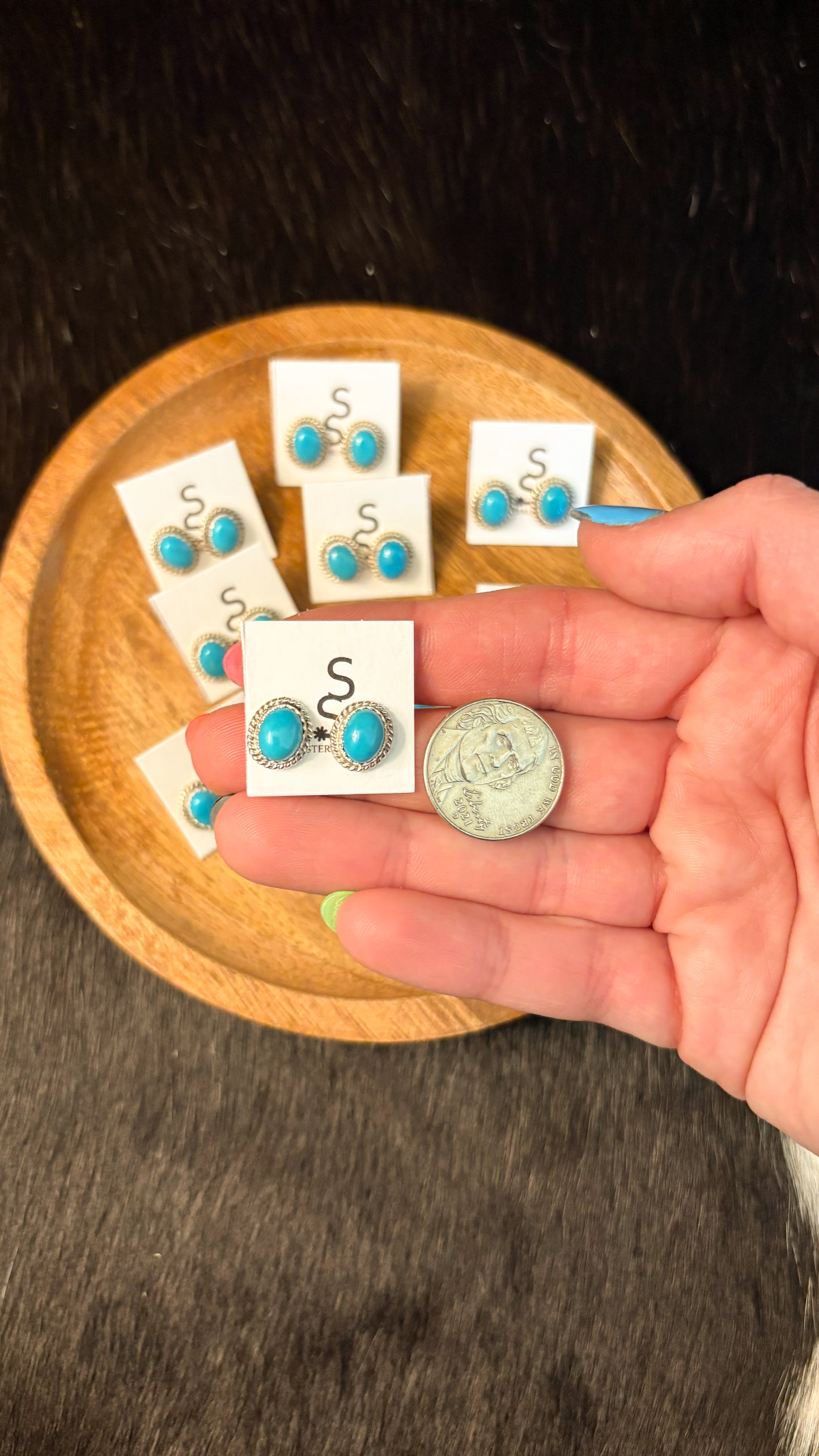 TURQUOISE OVAL STUD EARRINGS W ROPE DETAIL BY PEGGY SKEETS
