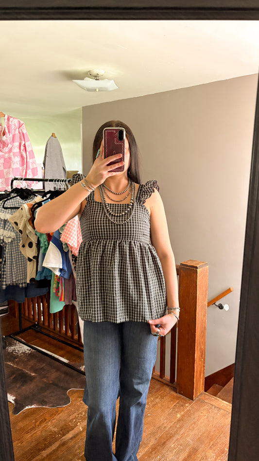 GINGHAM RUFFLE TANK TOP - BLACK