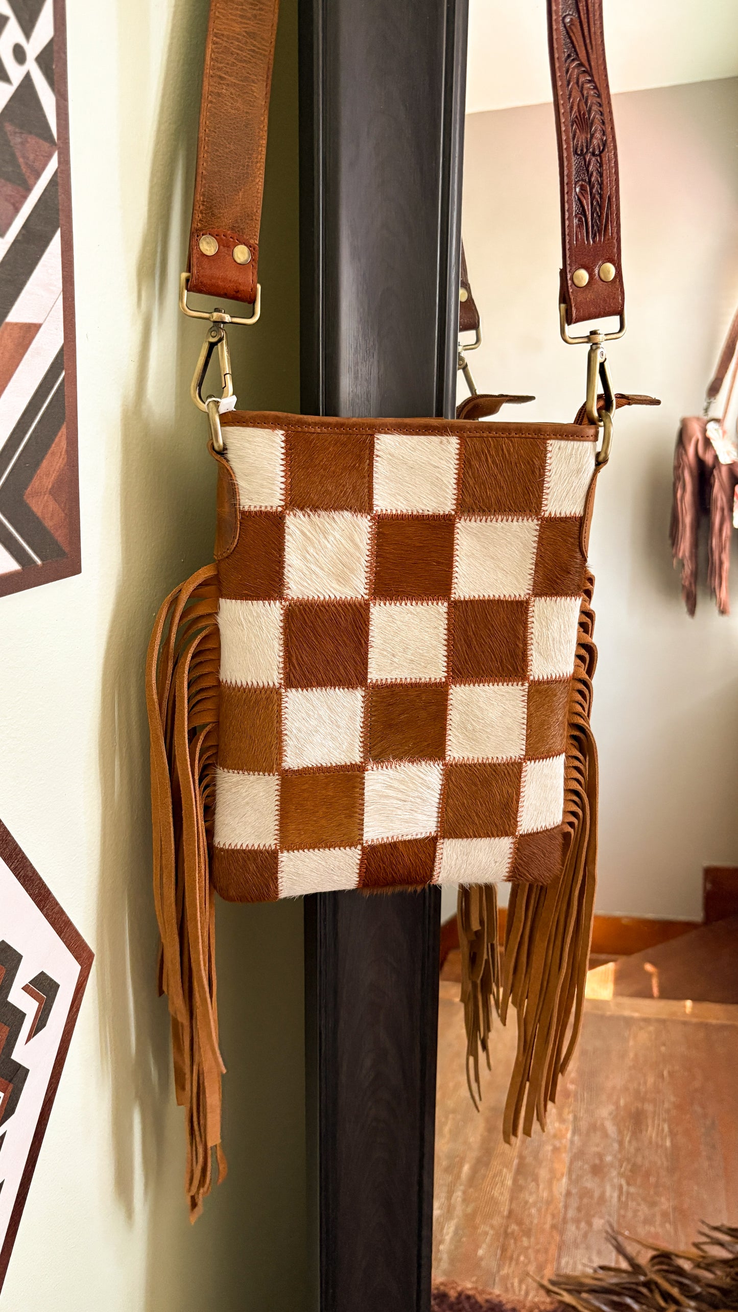 COWHIDE CHECKERED CROSS BODY BAG - LIGHT BROWN