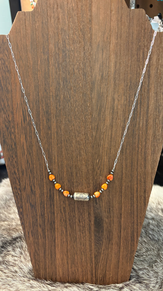 ORANGE SPINY HEART BARREL BEAD CHAIN NECKLACE