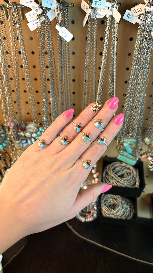 CORAL & TURQUOISE DAINTY FEATHER RING