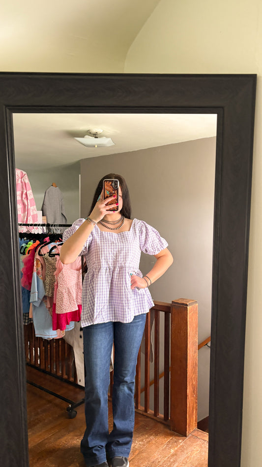 BALLOON SLEEVE LAVENDAR GINGHAM TOP
