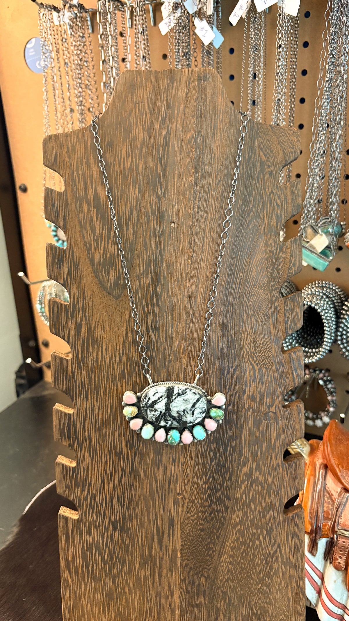 XL SONORAN GOLD TURQUOISE , PINK CONCH, & WHITE BUFFALO CLUSTER NECKLACE