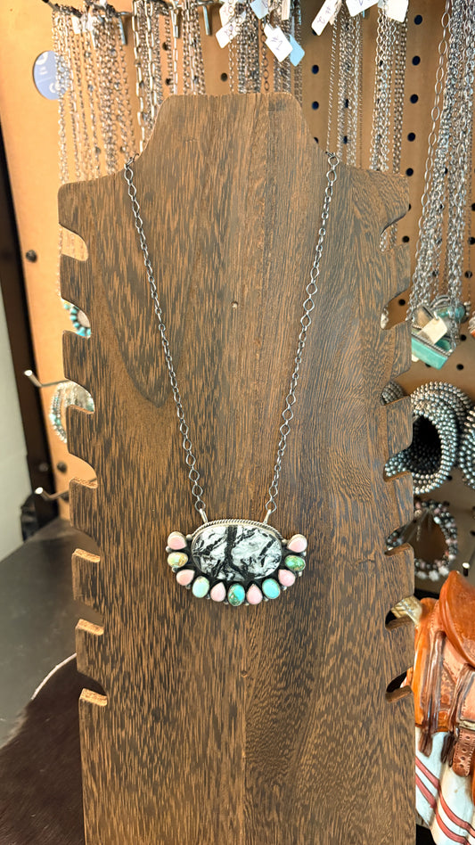 XL SONORAN GOLD TURQUOISE , PINK CONCH, & WHITE BUFFALO CLUSTER NECKLACE