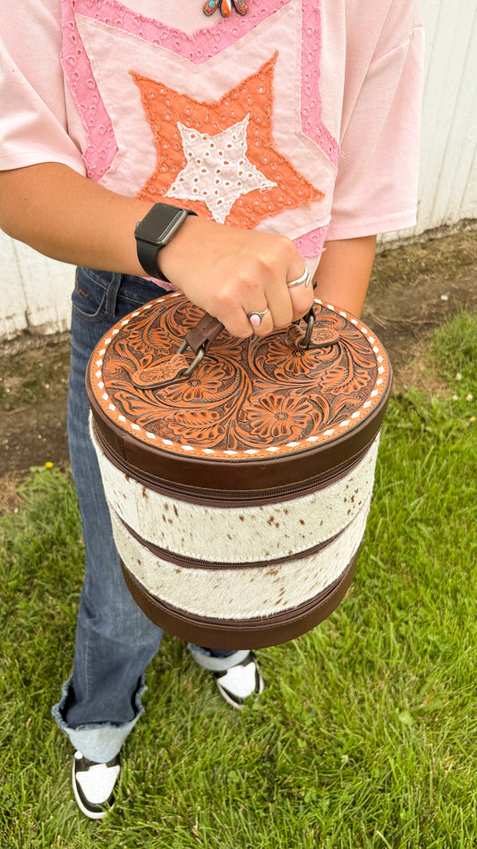 XL ROUND LEATHER TOOLED & COWHIDE JEWELRY BOX