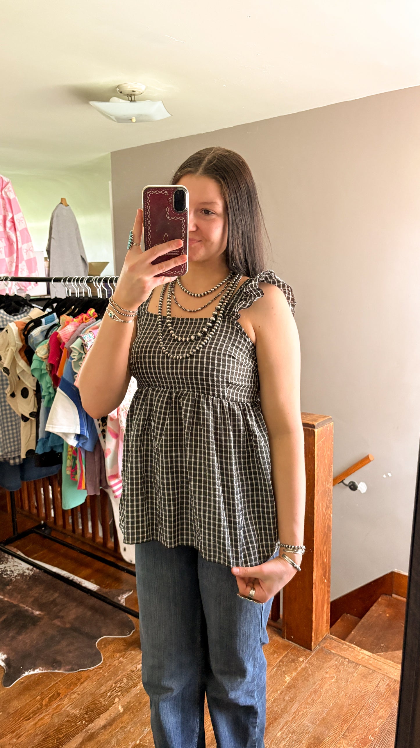 GINGHAM RUFFLE TANK TOP - BLACK