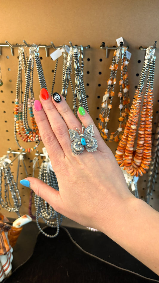 ADJUSTABLE TURQUOISE BUTTERFLY CONCHO RING