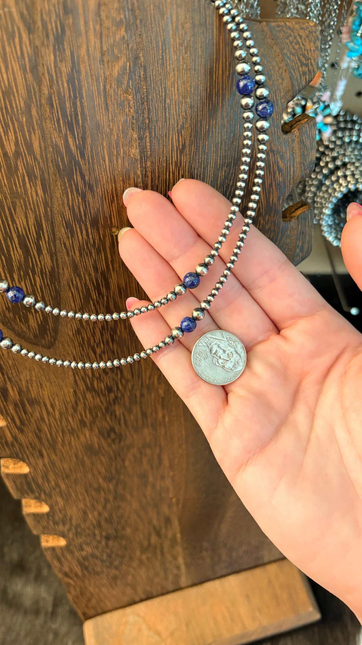 3-6MM STERLING SILVER PEARL NECKLACE- BLUE LAPIS