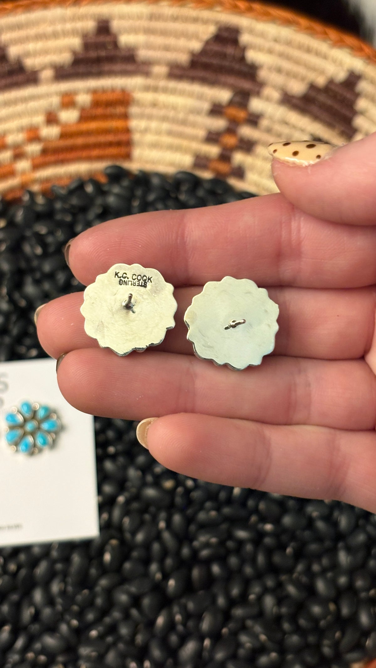 MEDIUM ROUND BLUE TURQUOISE CLUSTER EARRINGS STAMPED KC COOK STERLING