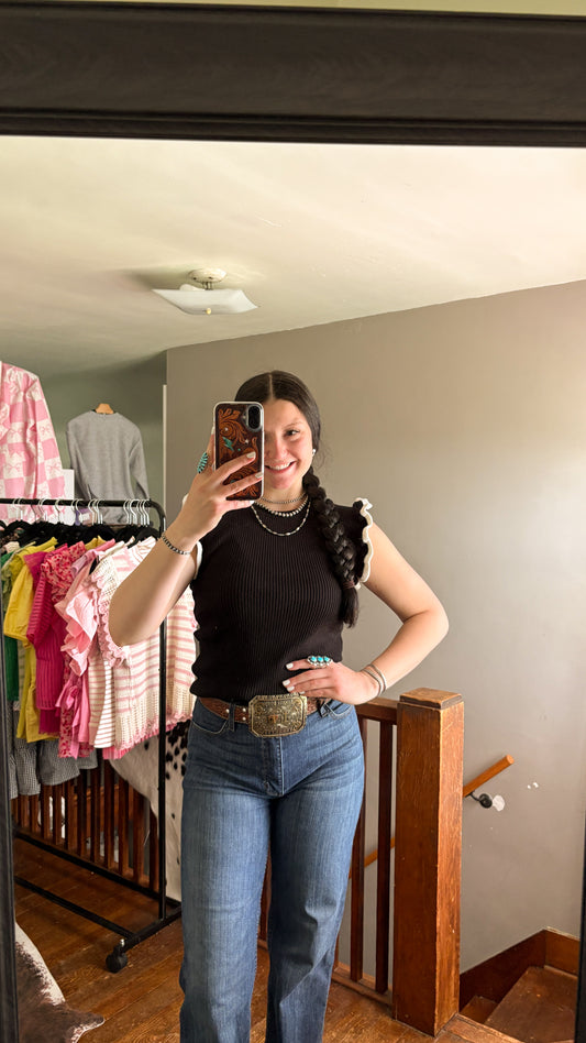 RIBBED RUFFLE SLEEVE TANK - BLACK W/ WHITE DETAIL