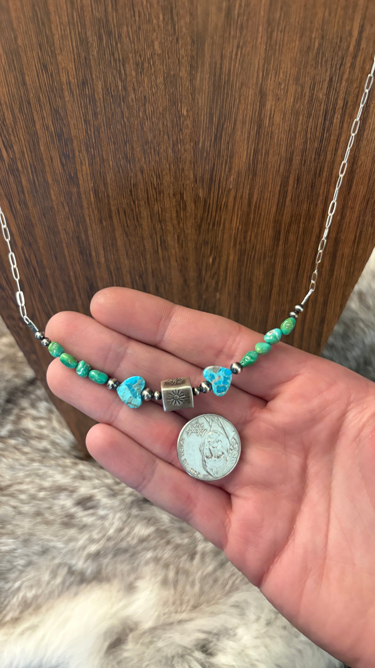 TURQUOISE HEART & SONORAN GOLD BARREL BEAD CHAIN NECKLACE