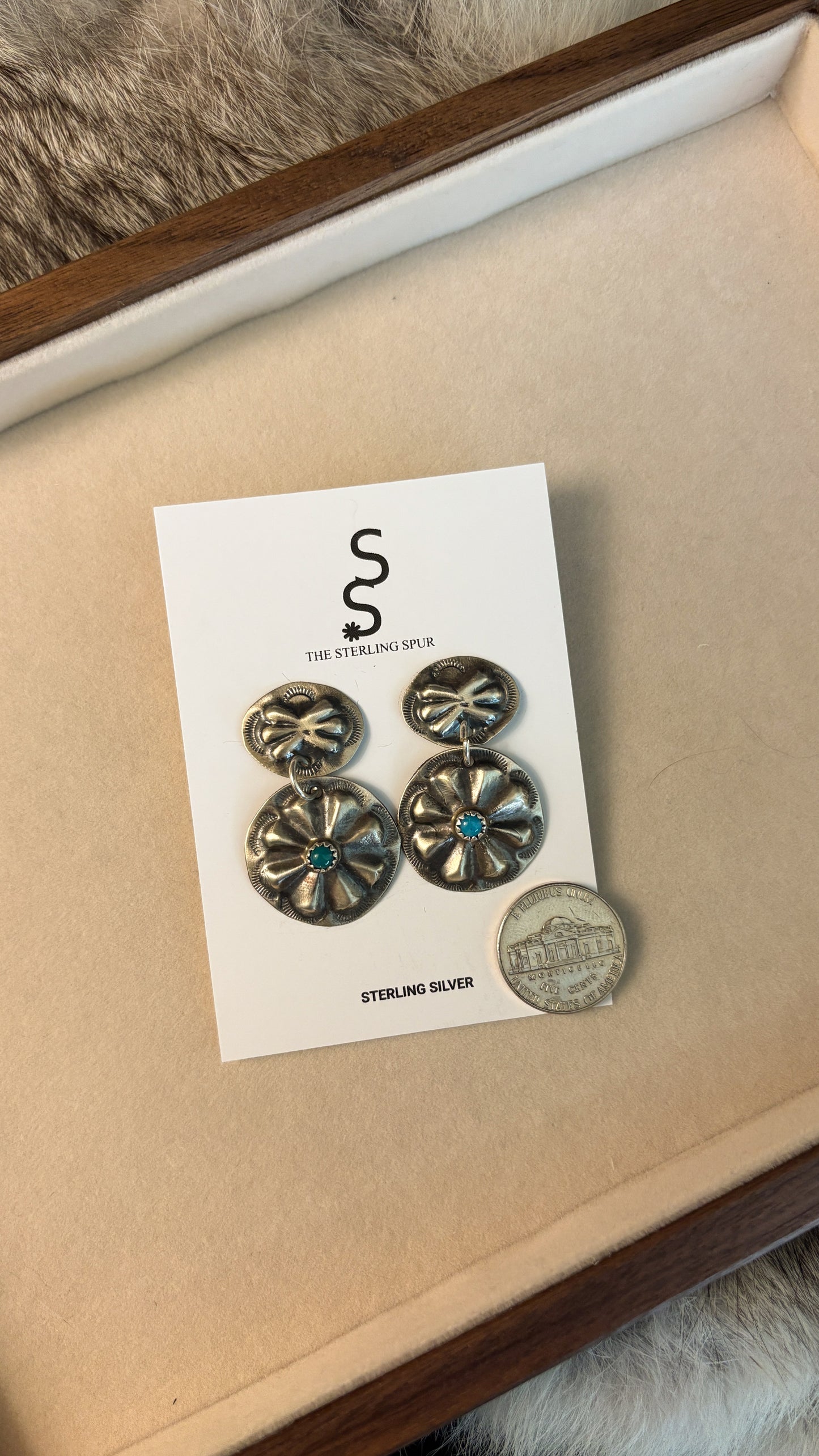 KINGMAN TURQUOISE CONCHO DANGLE EARRINGS BY JOAN BEGAY