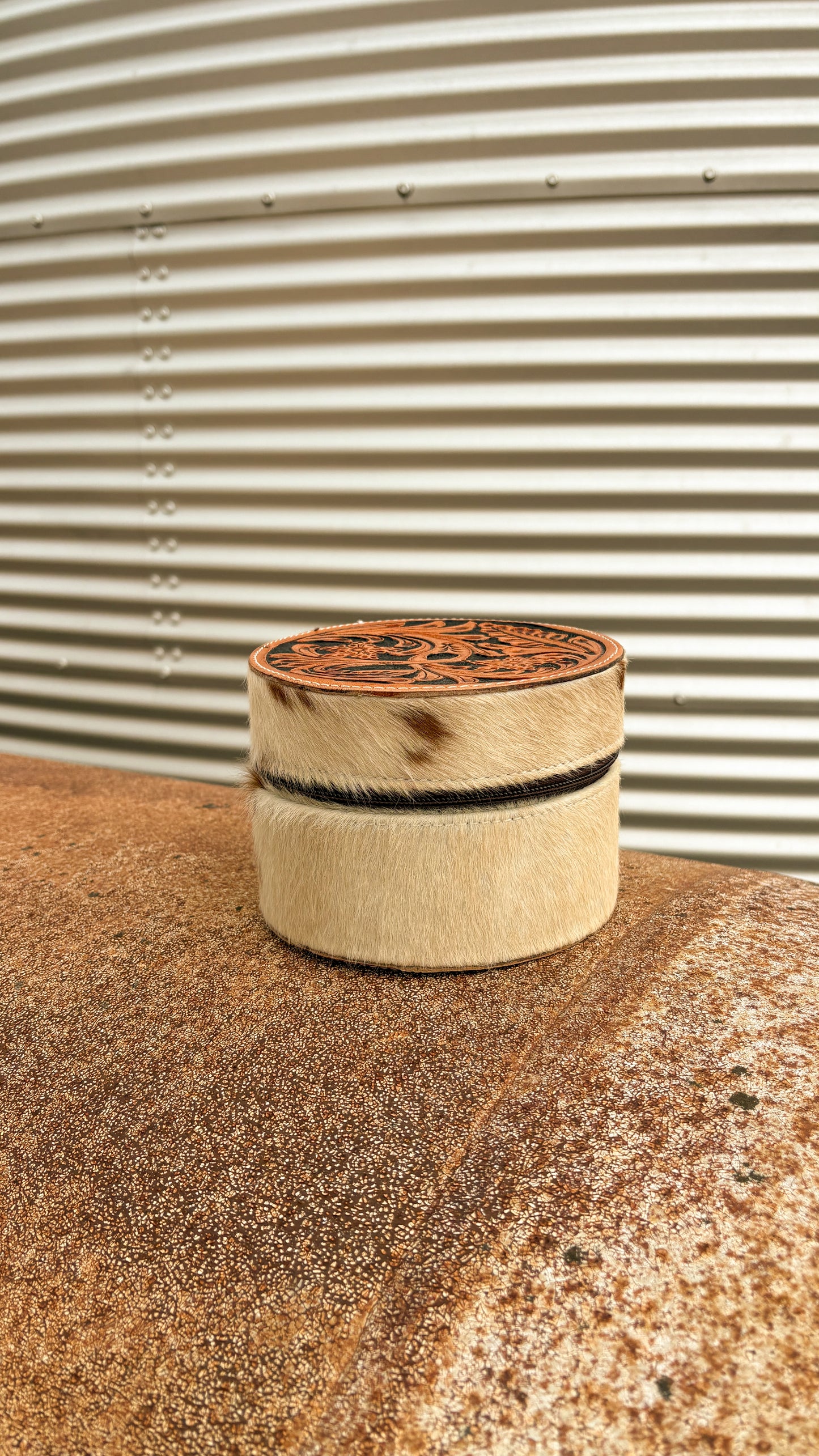 ROUND LEATHER TOOLED & COWHIDE JEWELRY BOX