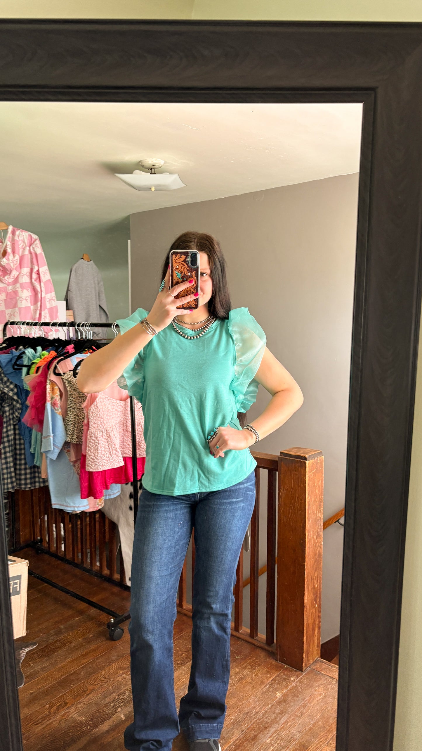 BLUE RUFFLE MESH TOP