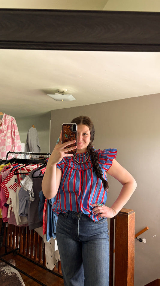 STRIPED HIGH NECK RUFFLE TOP