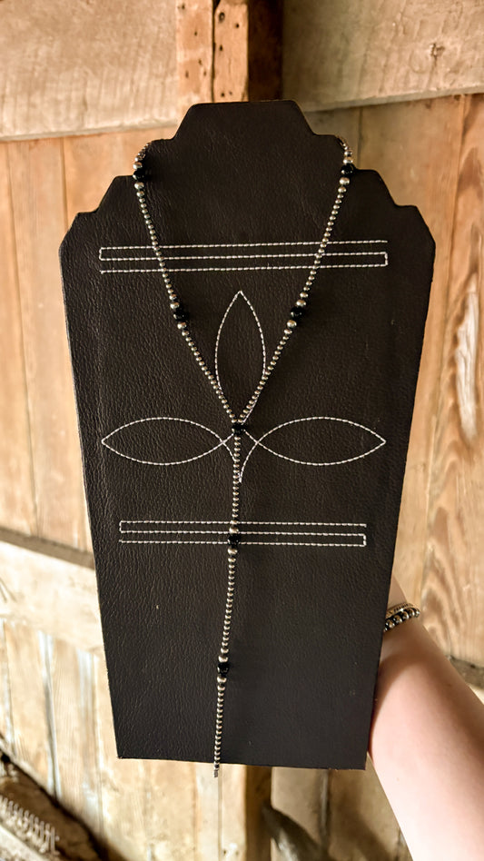 3-6MM STERLING SILVER PEARL LARIAT - BLACK ONYX