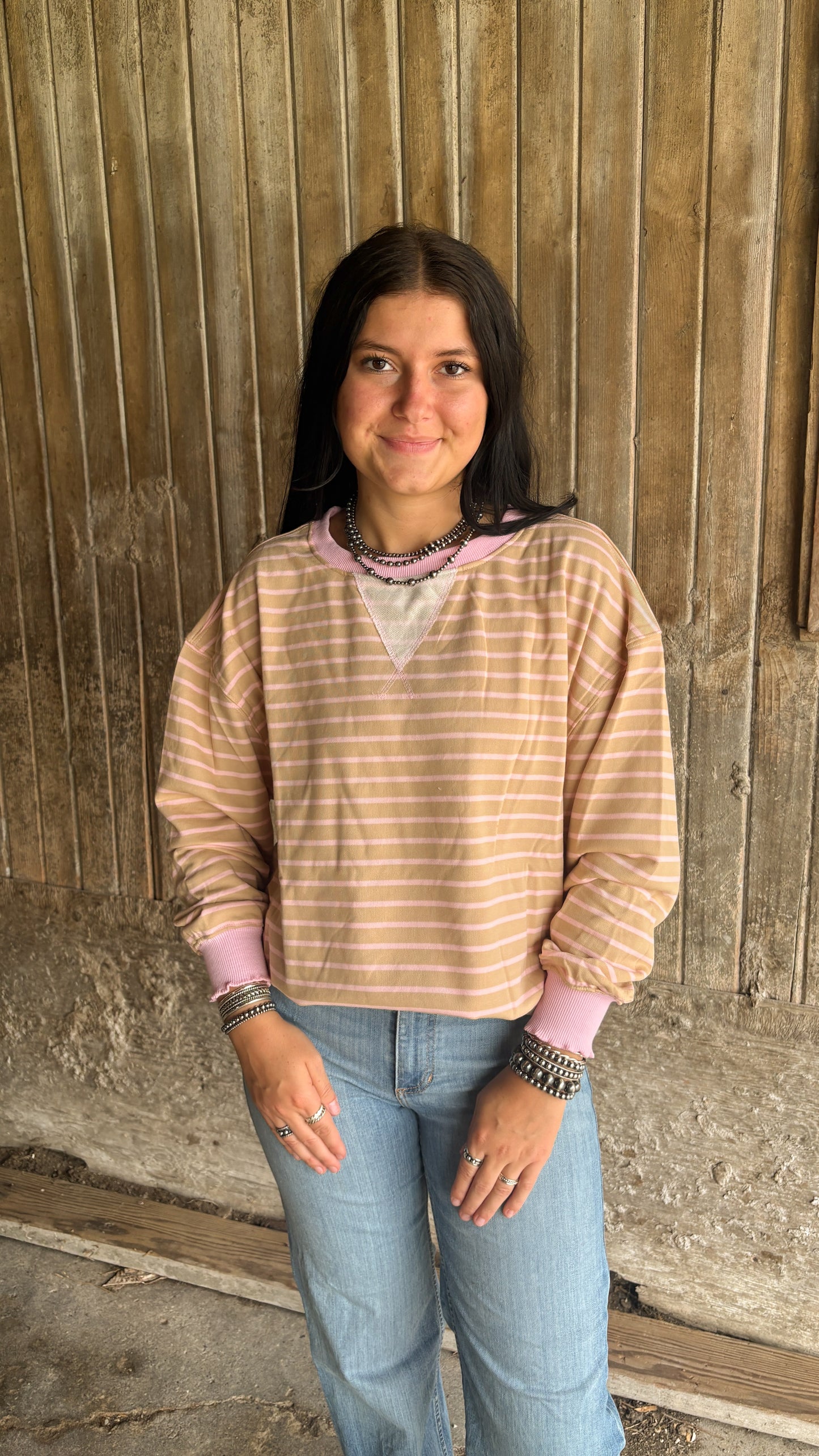 TAN & PINK STRIPED LONG SLEEVE SWEATER W LETTUCE DETAIL