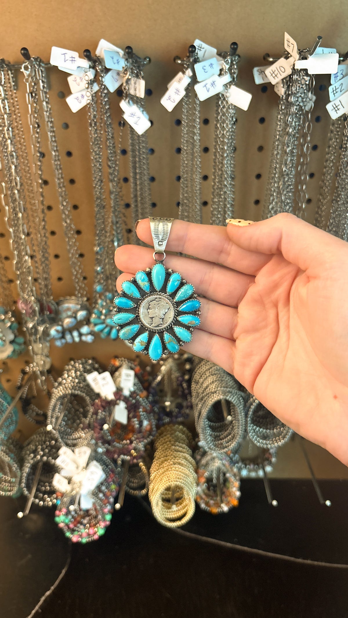 MERCURY DIME TURQUOISE CLUSTER PENDANT STAMPED A SPENCER STERLING
