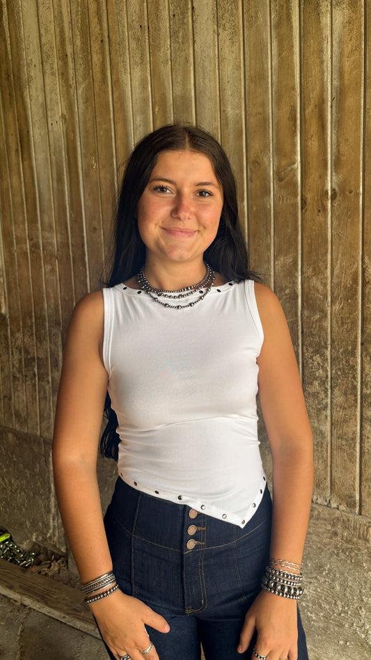 WHITE STUDDED ASYMMETRICAL TOP