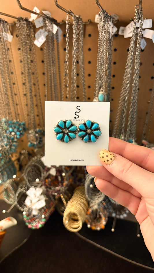 ROUND BLUE TURQUOISE CLUSTER EARRINGS BY JUDY LARGO