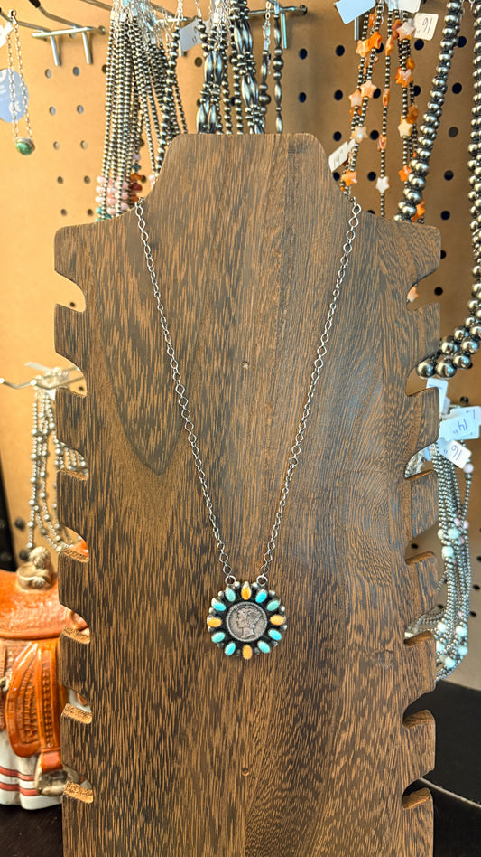 1945 TURQUOISE & ORANGE SPINY MERCURY DIME CLUSTER NECKLACE BY ELI SKEETS