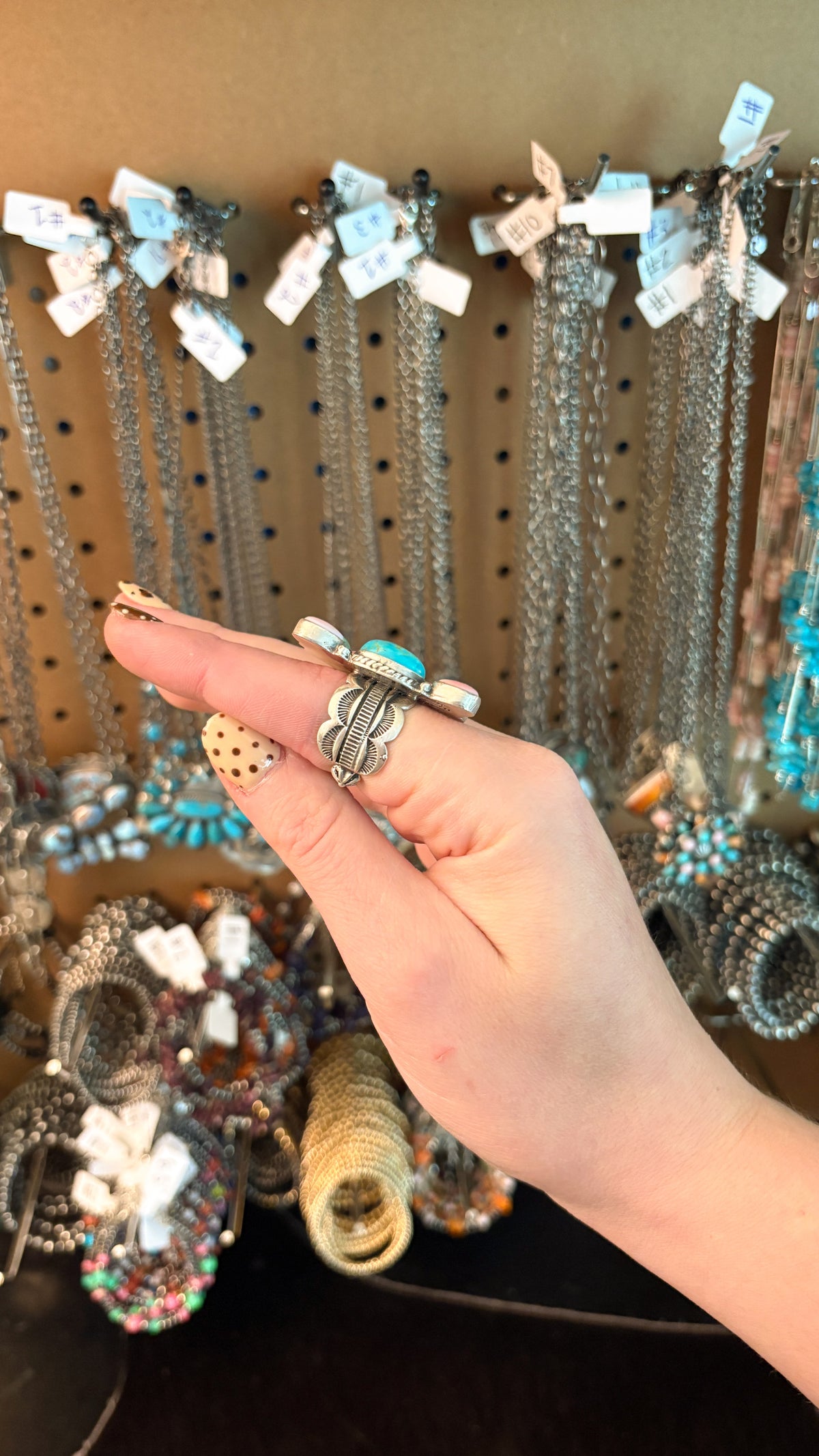 KINGMAN TURQUOISE & PINK CONCH HALF CLUSTER RING W STAMPED CIGAR BAND BY MARCELLA JAMES