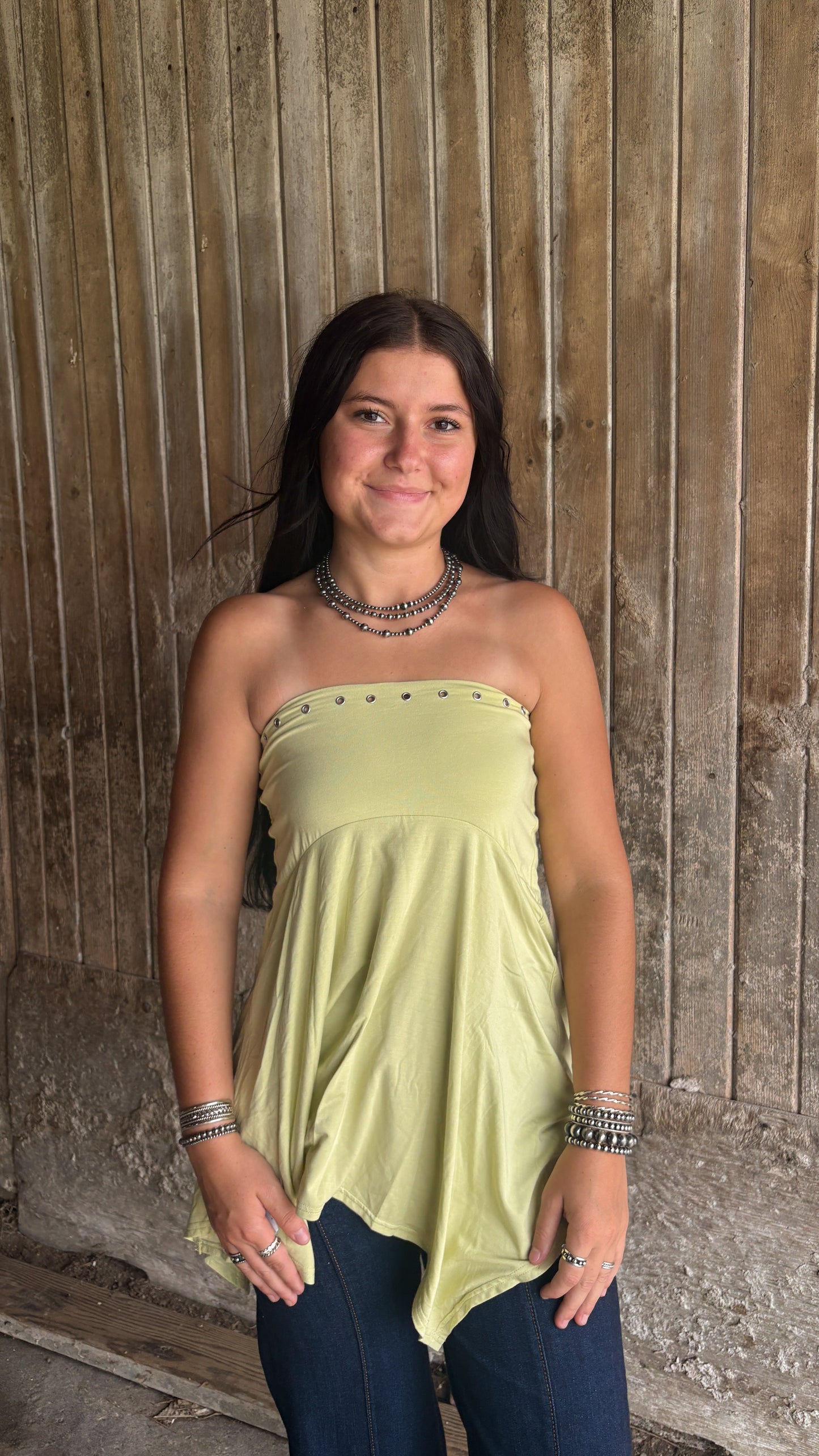 GREEN EYELET DETAIL FLOWY TUBE TOP