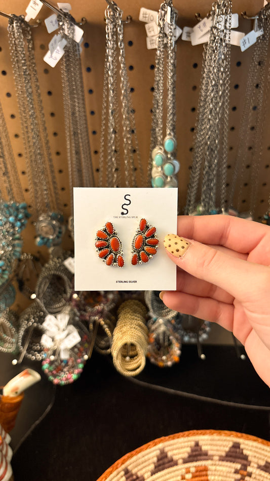 CORAL HALF CLUSTER EARRINGS STAMPED JW STERLING