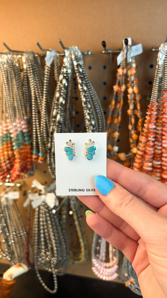 HALF TURQUOISE ZUNI BUTTERFLY STUDS