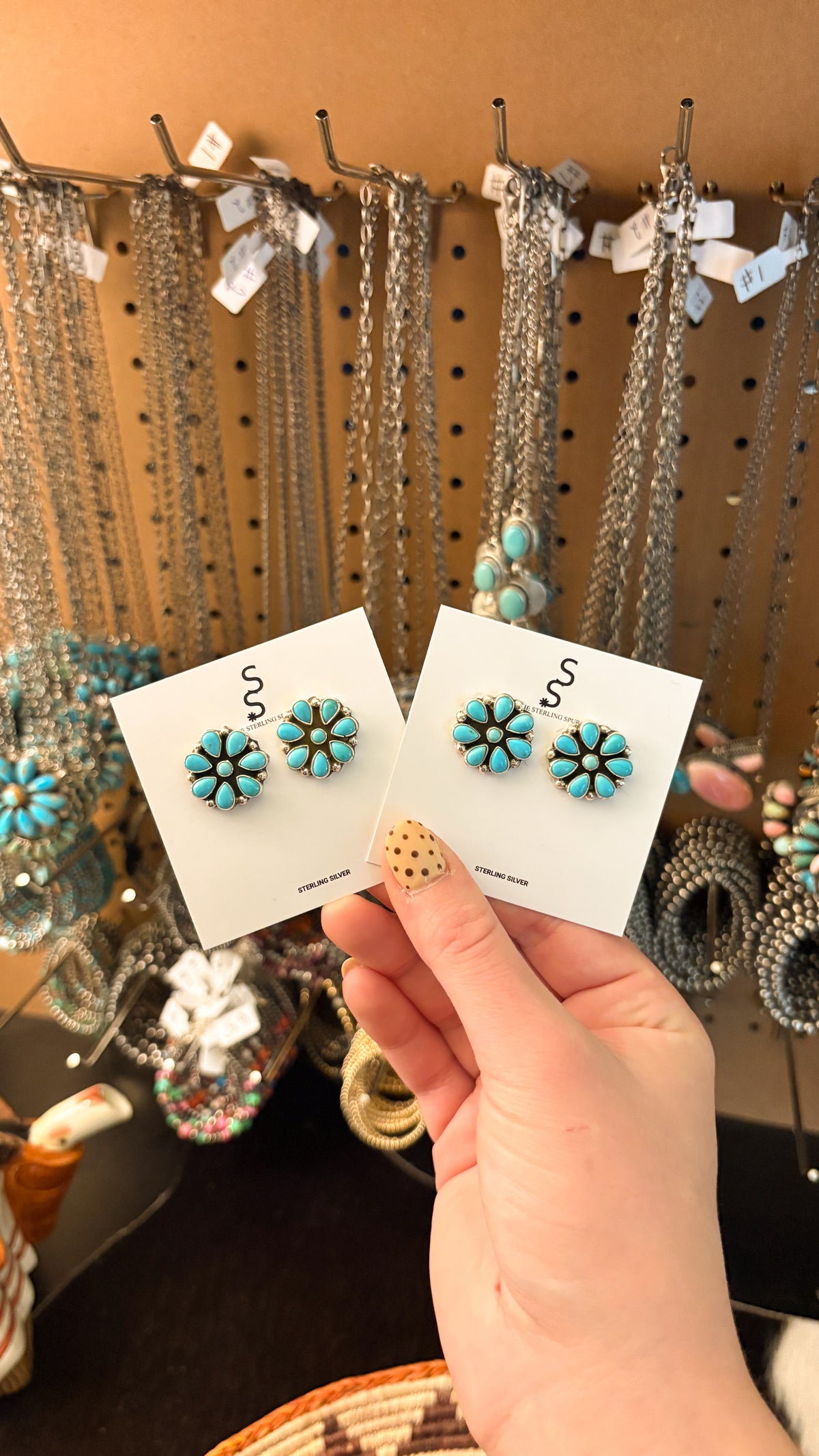 MEDIUM ROUND BLUE TURQUOISE CLUSTER EARRINGS STAMPED KC COOK STERLING