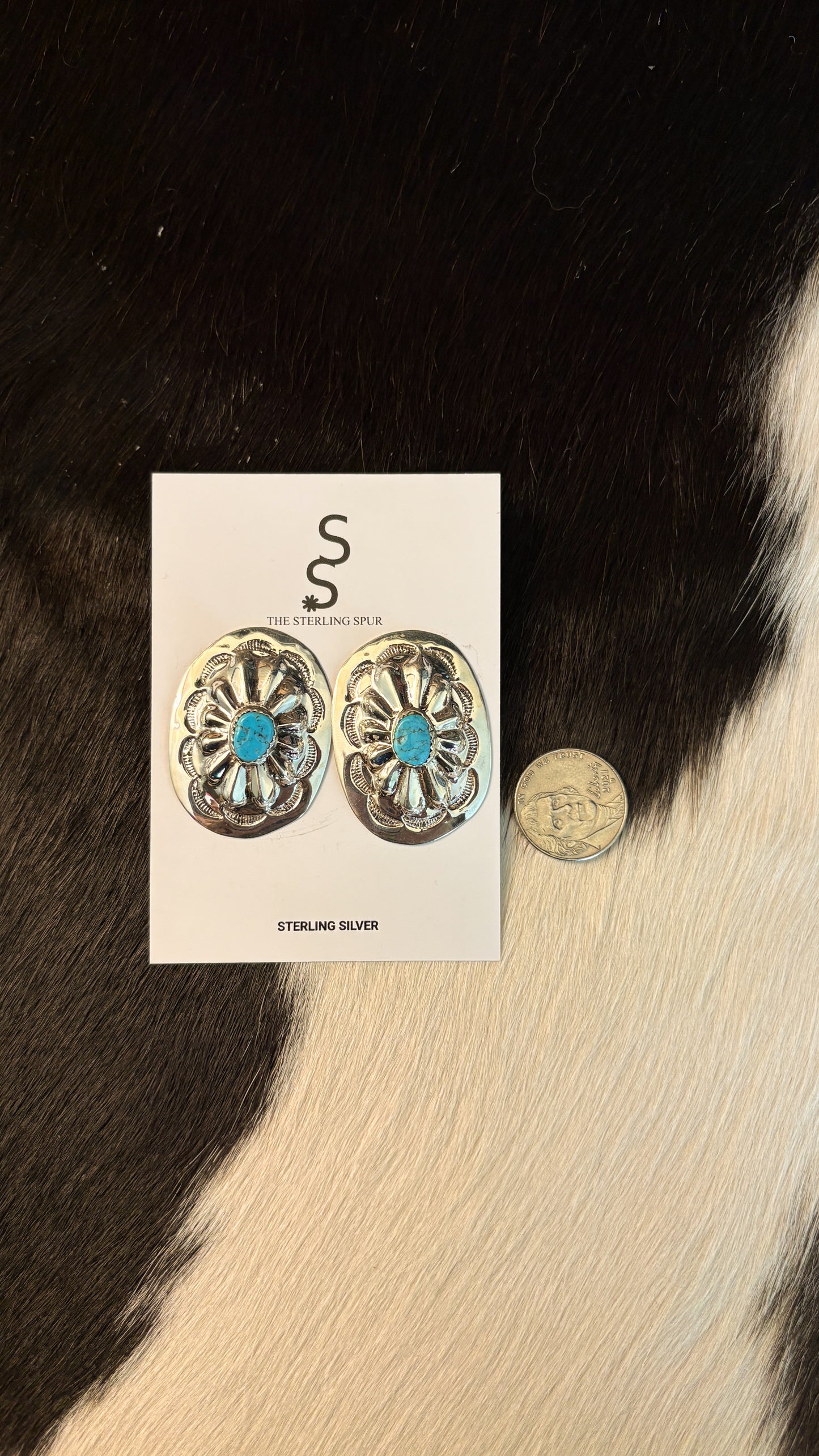 LARGE OVAL CONCHO EARRINGS W TURQUOISE STONE