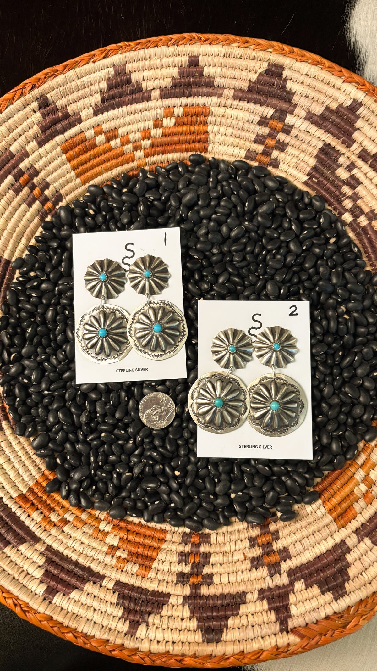 LARGE CONCHO DANGLE EARRINGS W TURQUOISE STONE