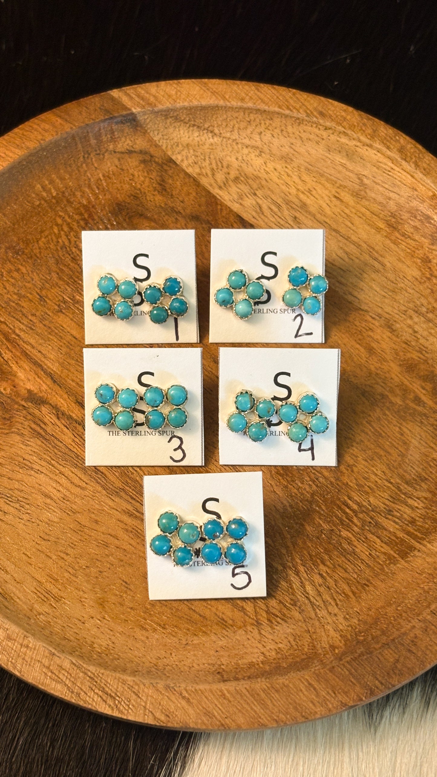 4 STONE KINGMAN TURQUOISE SQUARE STUD EARRINGS BY JANICE SPENCER