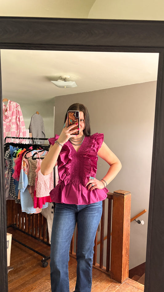 WOVEN RUFFLE TOP - BERRY