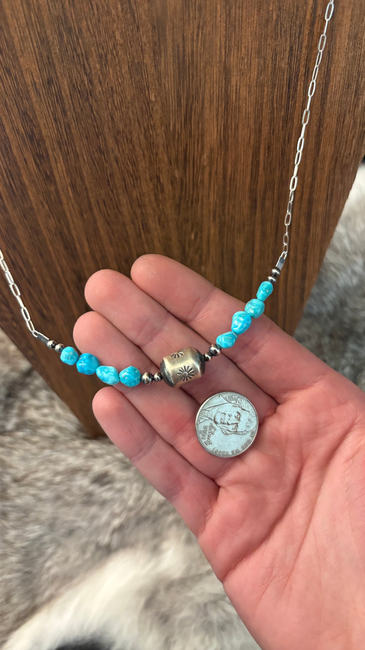 WHITE WATER TURQUOISE BARREL BEAD CHAIN NECKLACE