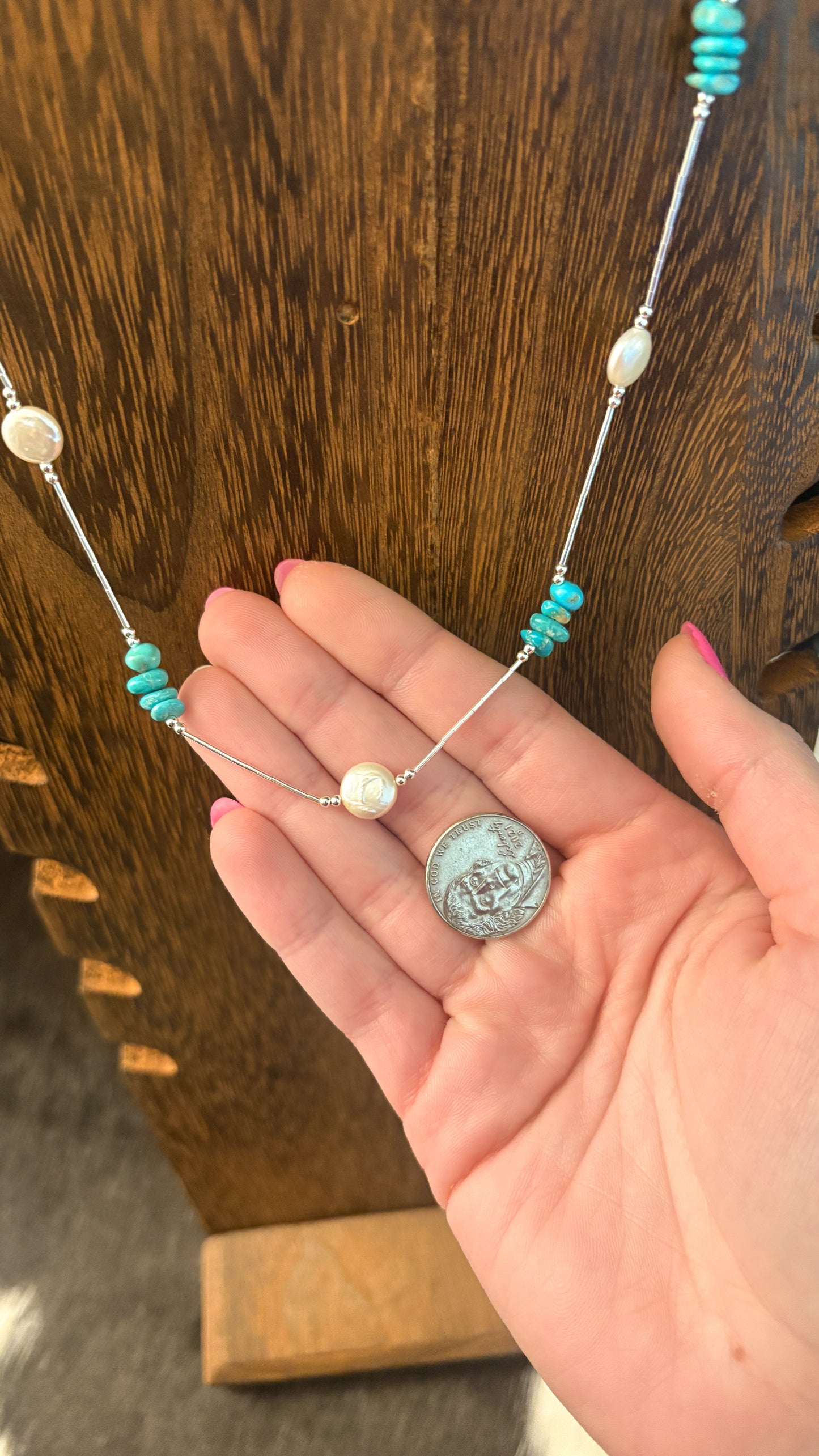 LIQUID SILVER KINGMAN TURQUOISE CHIP & FRESHWATER PEARL NECKLACE
