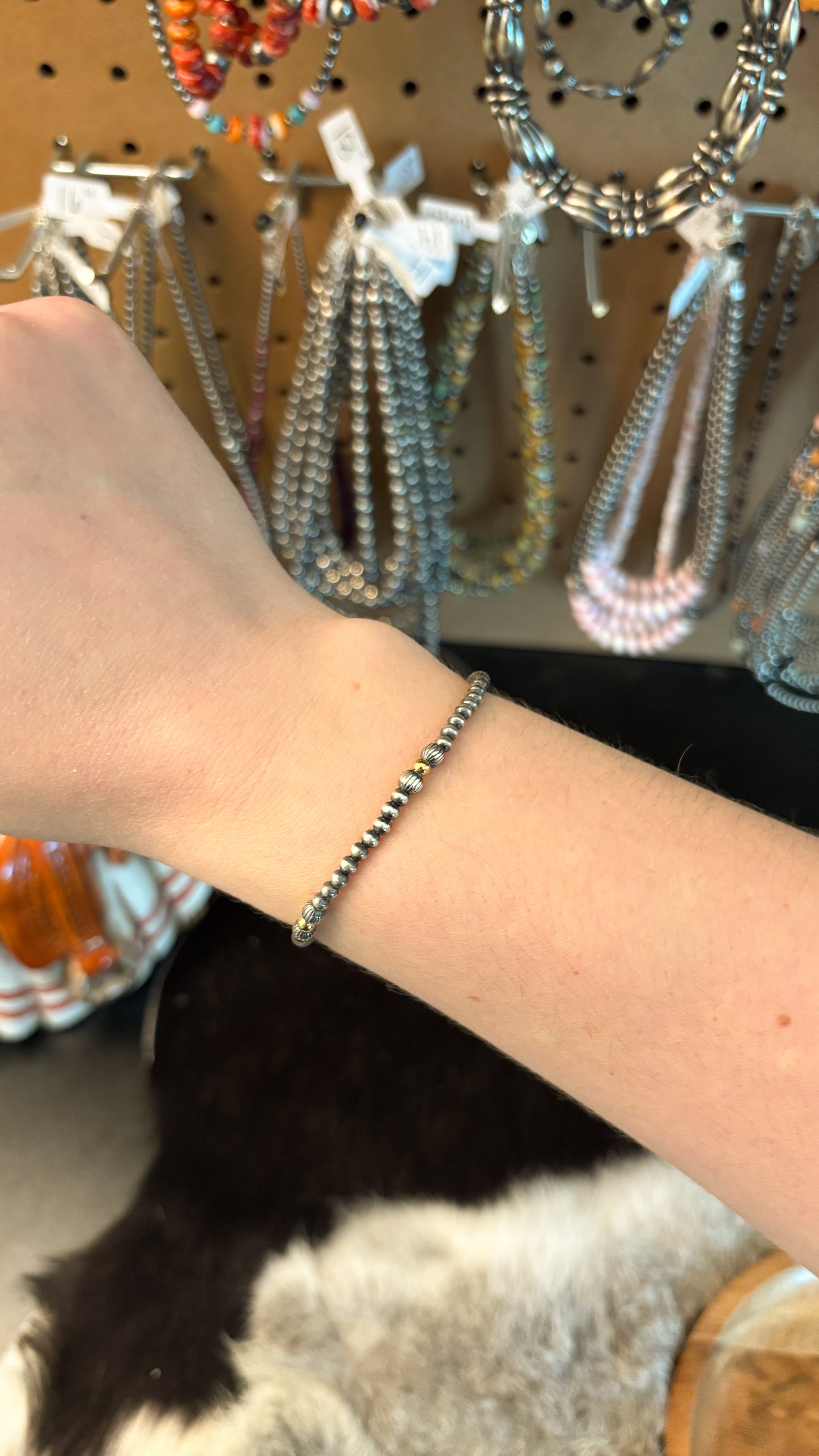 STERLING SILVER PEARL STRETCH BRACELET W 14K GOLD PLATED BEADS
