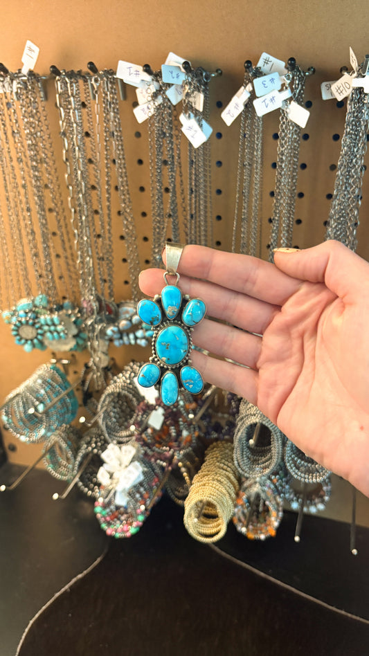 7 STONE OVAL TURQUOISE CLUSTER NECKLACE STAMPED SHEILA STERLING