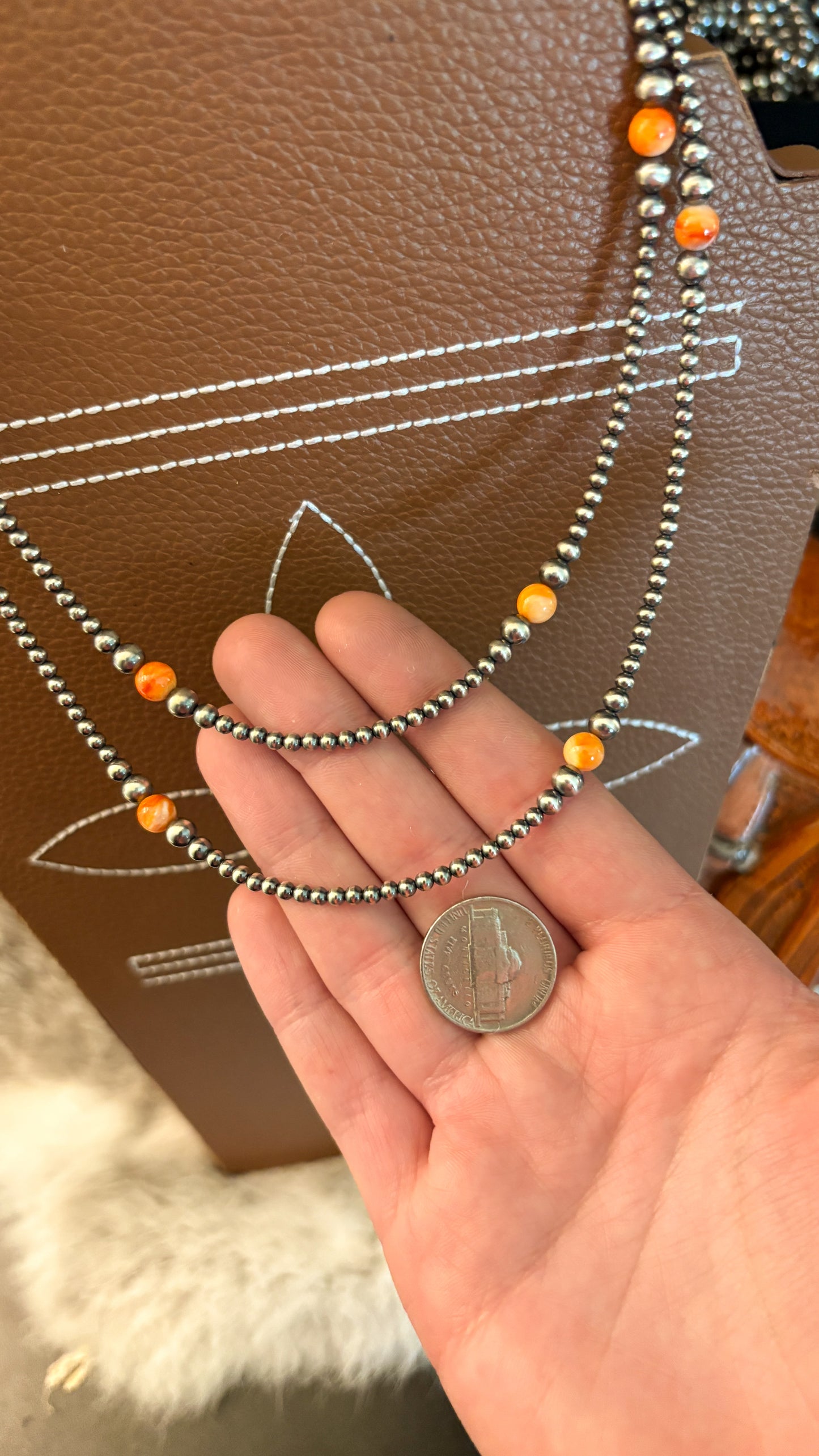 3-6MM GRADUATED PEARL NECKLACE - ORANGE SPINY OYSTER