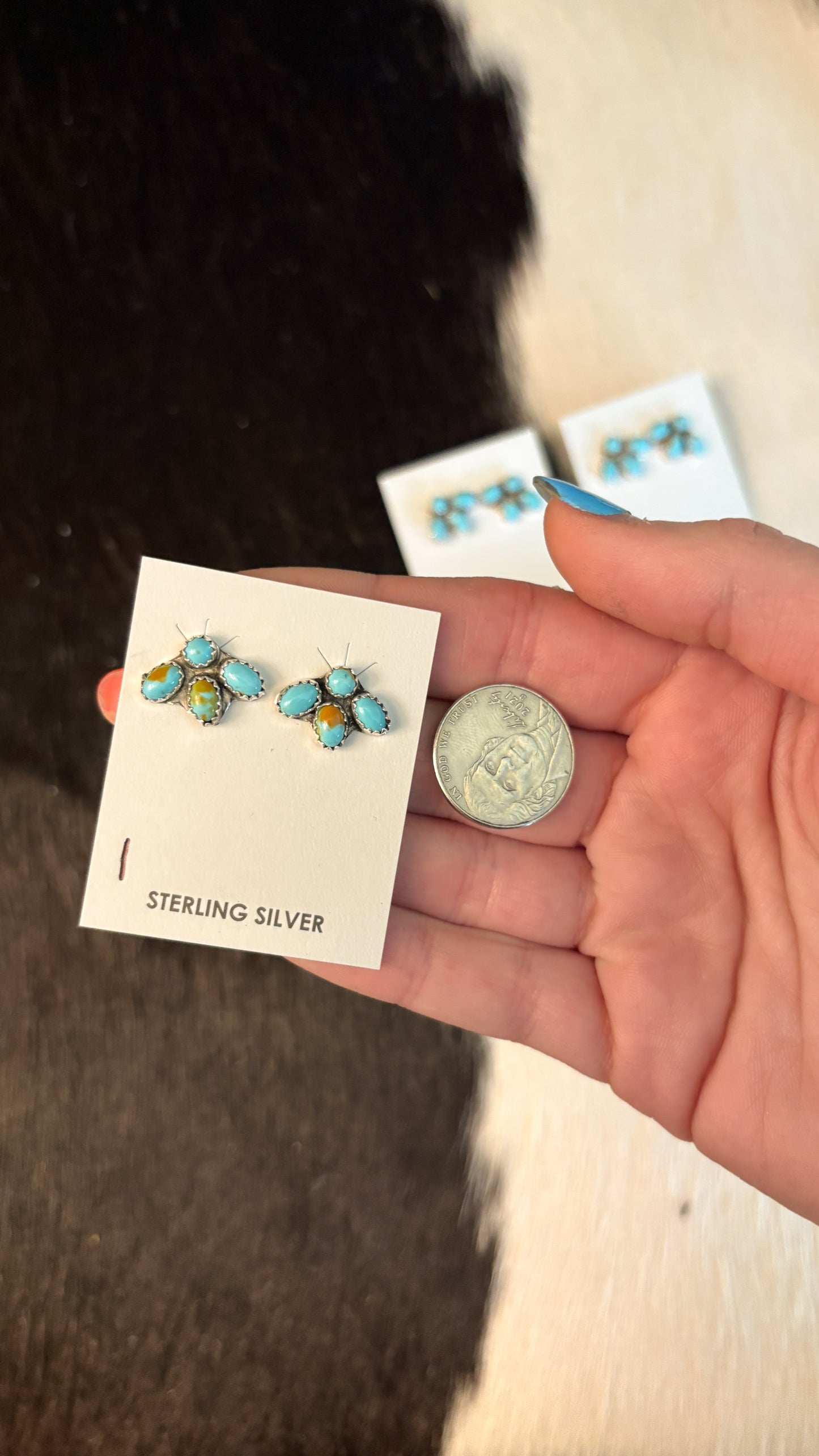 MINI KINGMAN TURQUOISE HALF CLUSTER EARRINGS BY MAXINE RAMIREZ