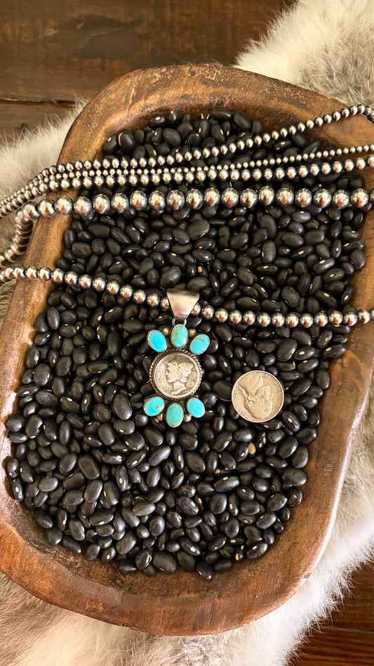 TURQUOISE CLUSTER PENDANT W/ MERCURY DIME