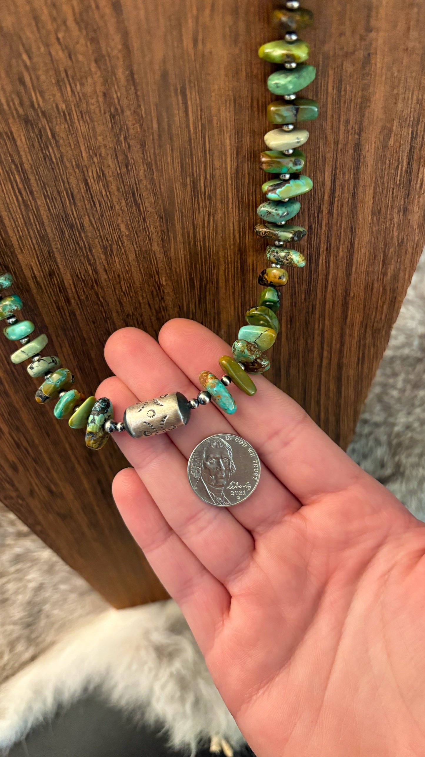 GREEN TURQUOISE NUGGET BARREL BEAD PEARL NECKLACE
