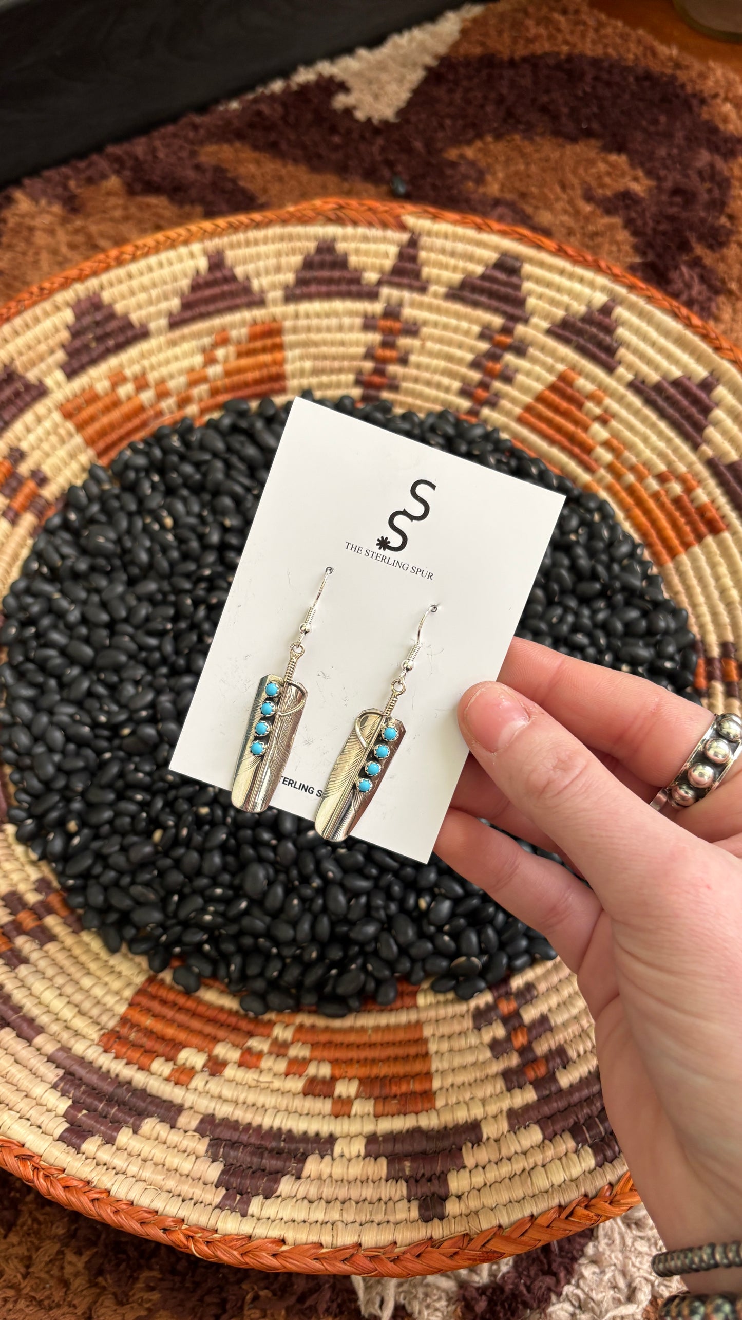 KINGMAN TURQUOISE FEATHER DANGLE EARRINGS BY CHESTER CHARLEY