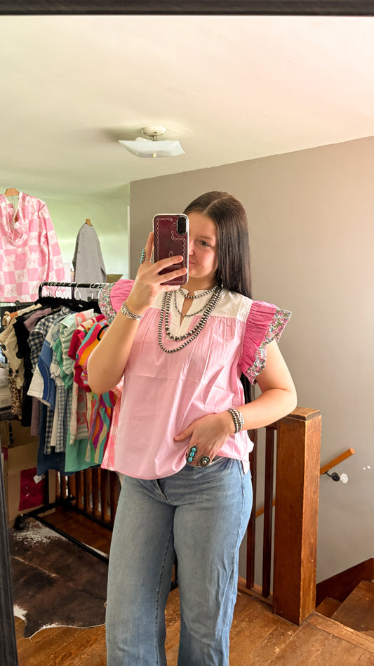 FLORAL SLEEVE PINK RUFFLE TOP