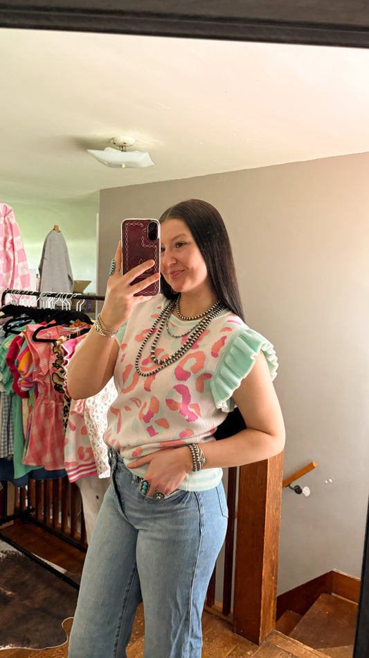 CHEETAH PRINT RUFFLE SWEATER VEST - BLUE