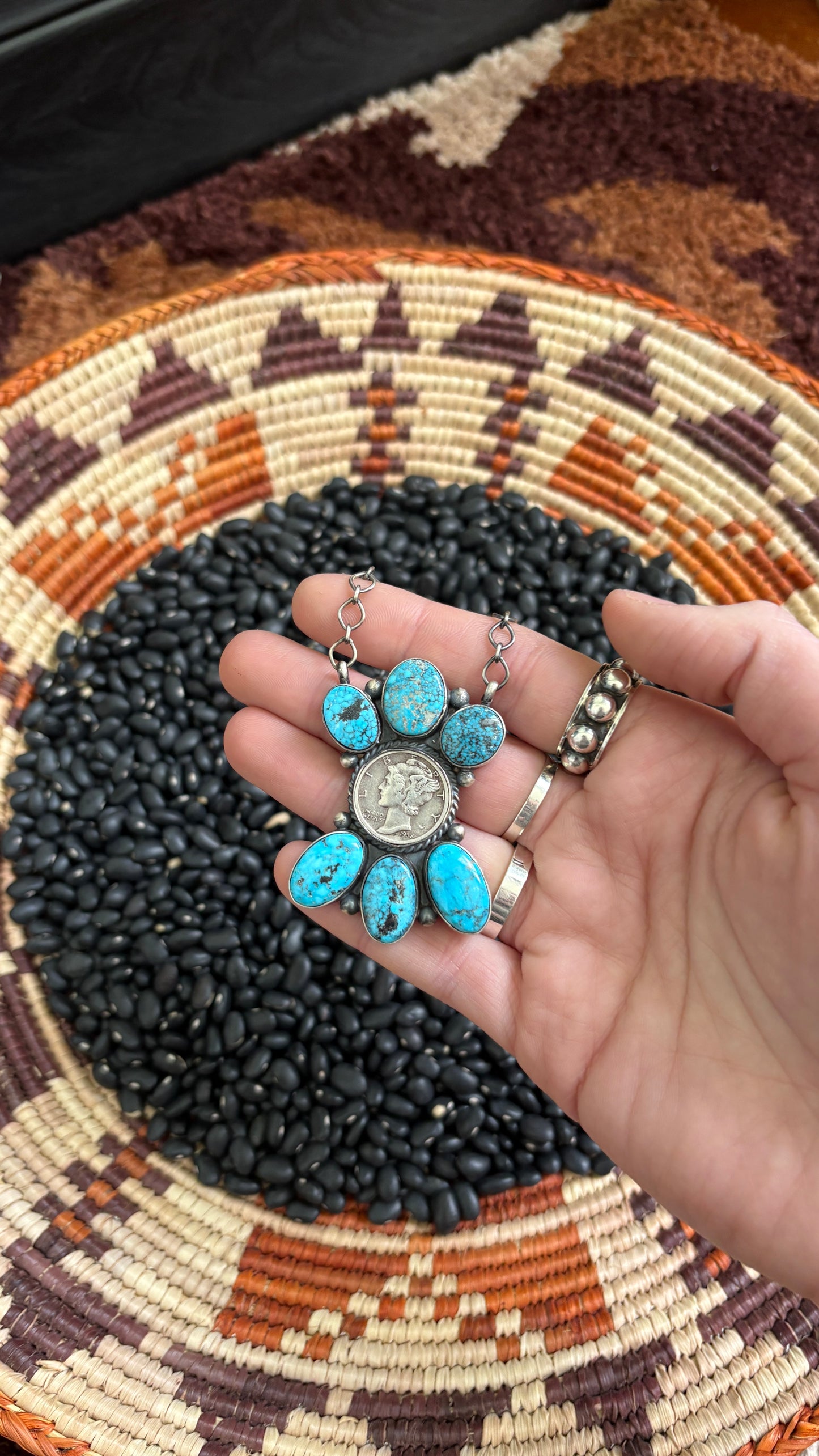 MERCURY DIME KINGMAN TURQUOISE CLUSTER NECKLACE BY DEBRA SMITH