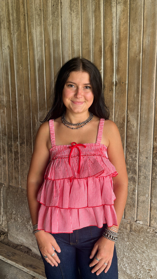 RED CHECKERED RUFFLE TOP