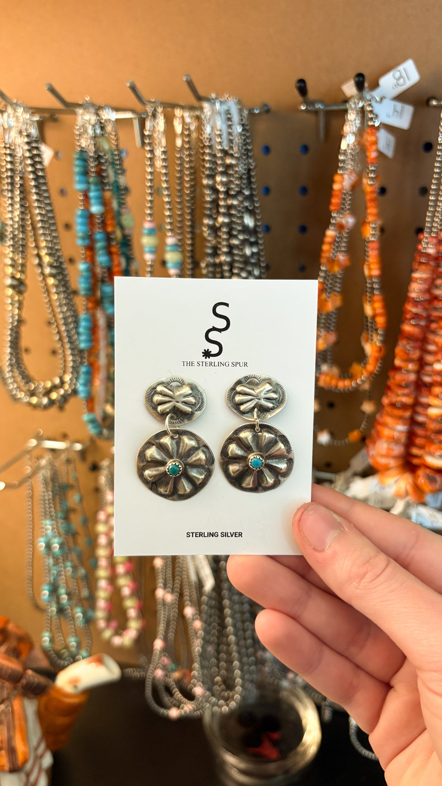KINGMAN TURQUOISE CONCHO DANGLE EARRINGS BY JOAN BEGAY