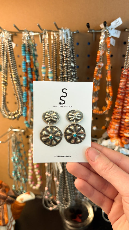 KINGMAN TURQUOISE CONCHO DANGLE EARRINGS BY JOAN BEGAY